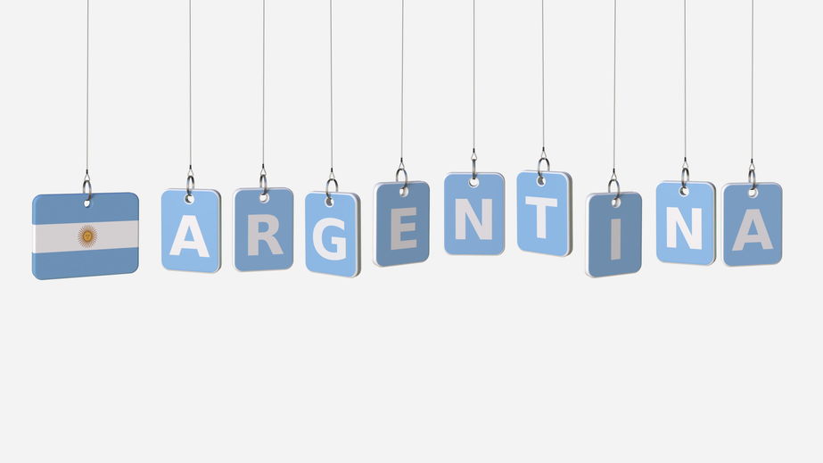 ARGENTINA caption and Argentinean flag on swinging plates, 3D rendering