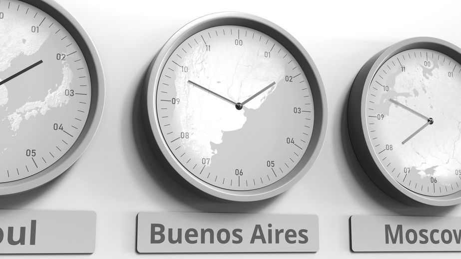 Clock shows Buenos Aires, Argentina time among different timezones. Conceptual 3D rendering