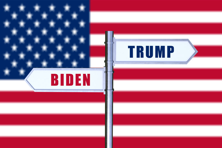 Sign that indicates the direction in the decision of the voters for the elections of president in the United States of America, the candidates Donald Trump and Joe Biden.