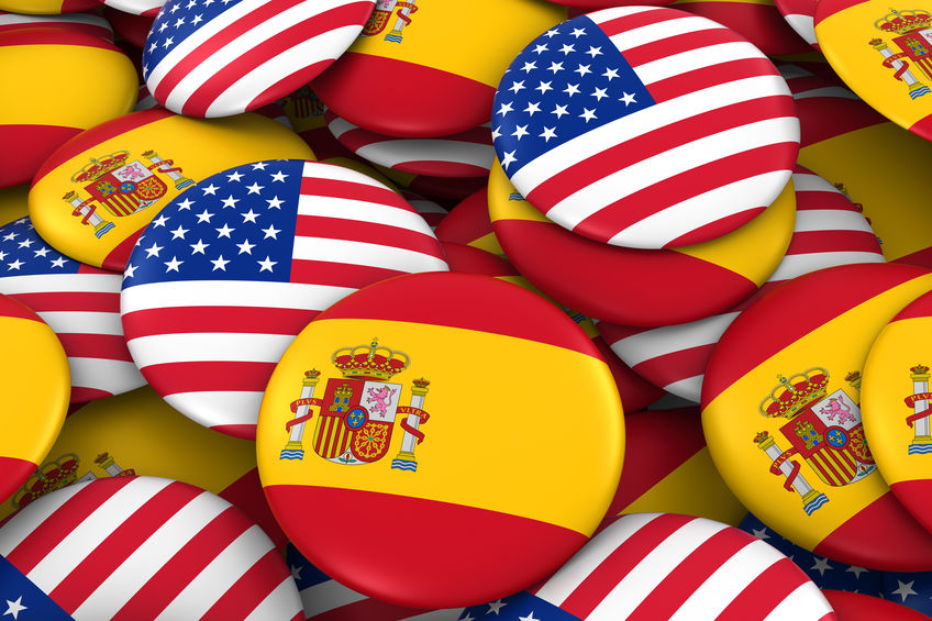 Spain and USA Badges Background Pile of Spanish and US Flag Buttons 3D Illustration