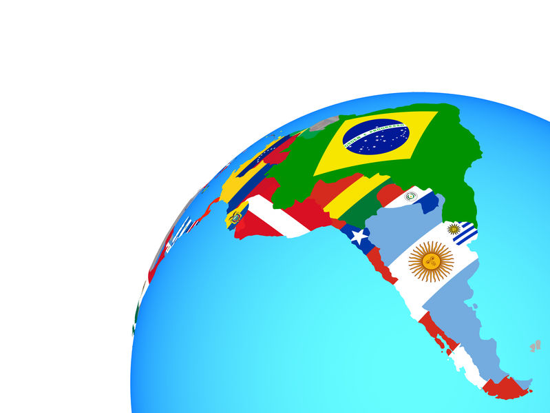 Latin America with flags on globe