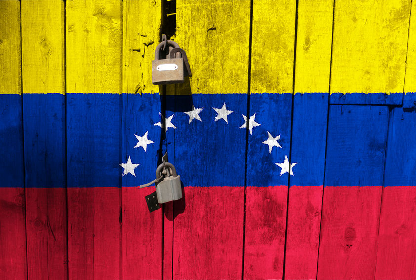 Venezuela flag is on texture. Template. Coronavirus pandemic. Countries may be closed. Locks.