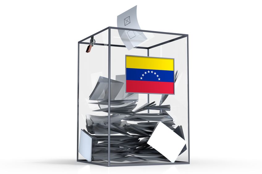 Venezuela ballot box with voices and national flag election