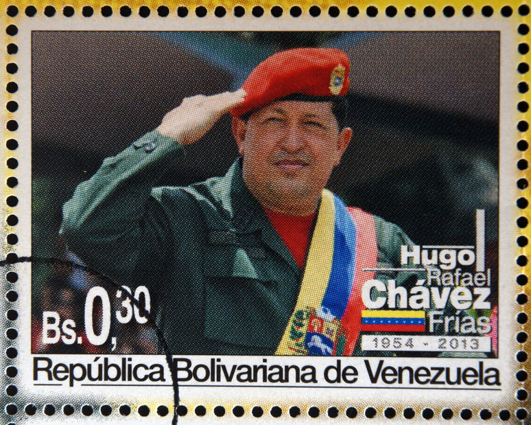 BOLIVARIAN REPUBLIC OF VENEZUELA CIRCA 2013: A stamp printed in Venezuela shows Hugo Rafael Chavez (1954 2013), President of Venezuela, circa 2013