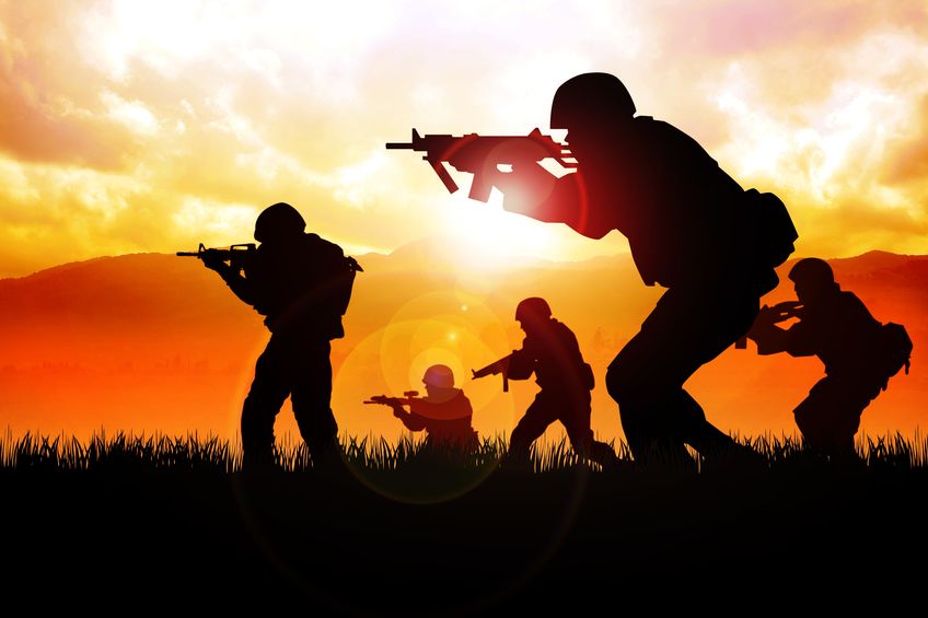 13089782 silhouette illustration of a group of soldiers on the field