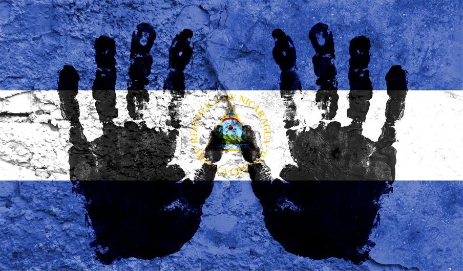 Handprints on the background of the flag of Nicaragua. Freedom of choice, corruption, and detention concept