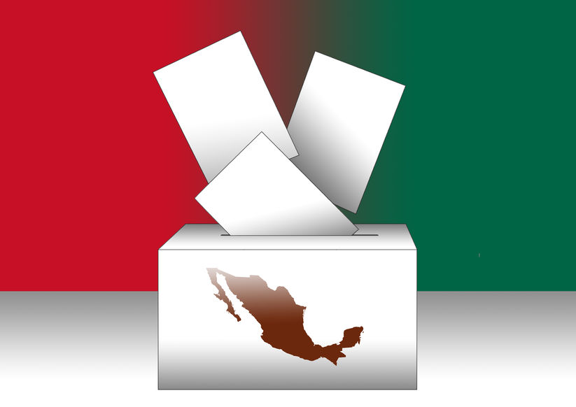 illustration of voting papers and a ballot box with the map of Mexico