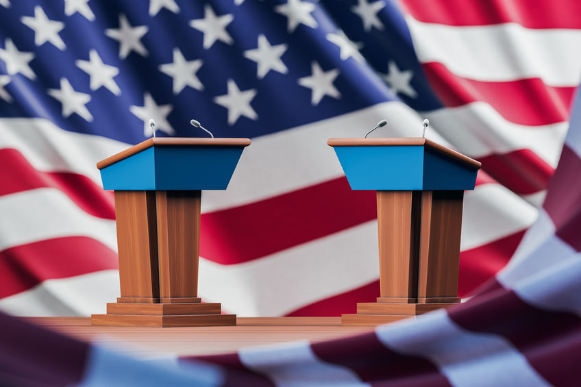 Two election debate tables over USA flag background