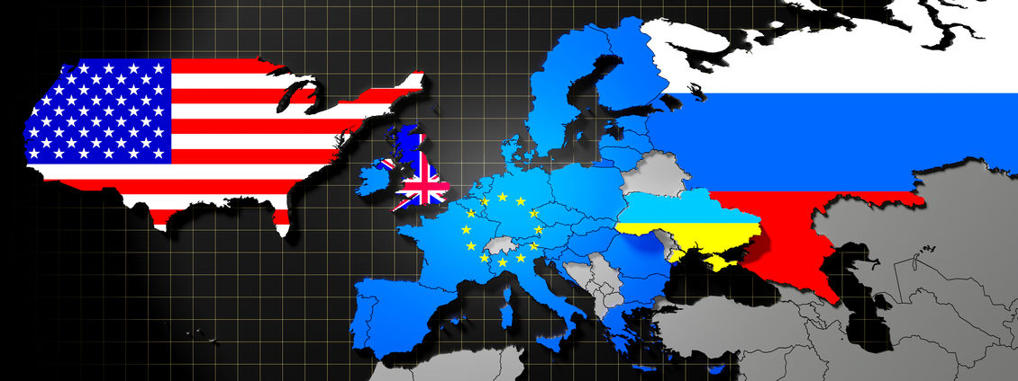 Ukraine, EU, USA, UK and and Russia map and flags 3D illustrat