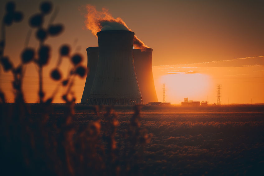 Nuclear power plant at sunset. Dusk landscape with big chimneys., Generative AI