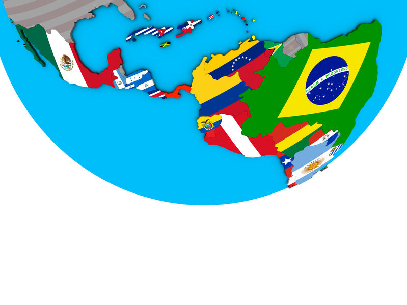 Latin America with flags on globe