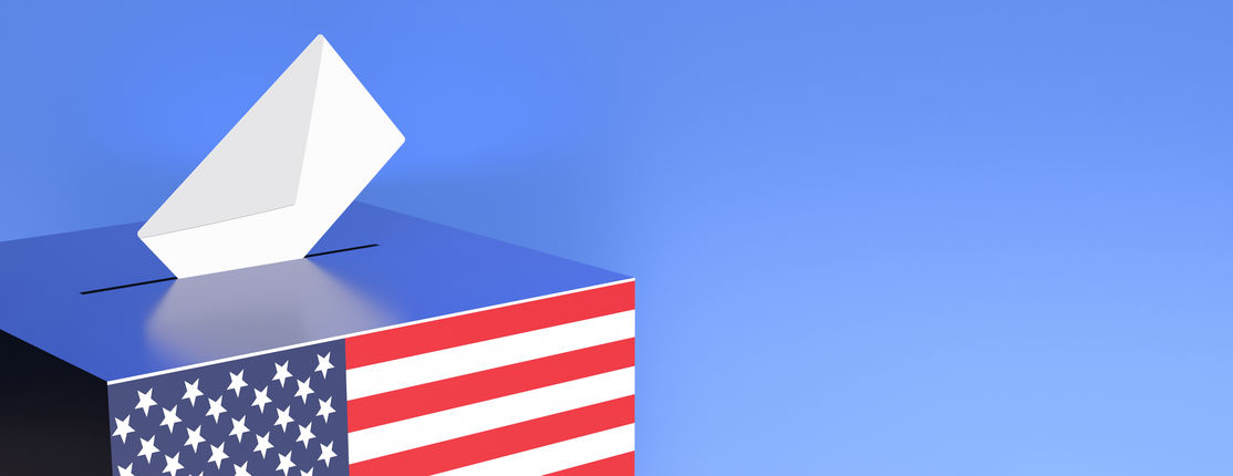 US election. USA flag ballot box and envelope on blue background. 3d illustration