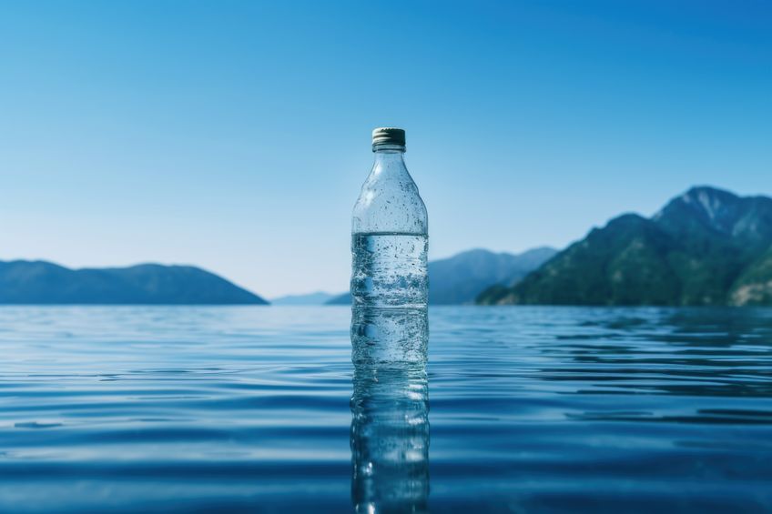 Water bottle aesthetic scenery blue background ultra realistic