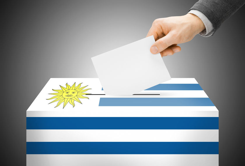 Voting concept Ballot box painted into national flag colors Uruguay