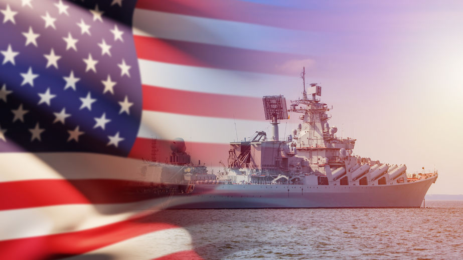 Navy, naval forces of USA. Flag of America next to warship. Unit