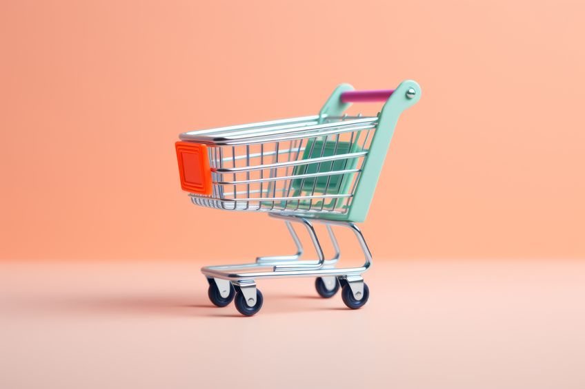 Empty Flying Shopping Cart on Solid Light Color Background AI Generated