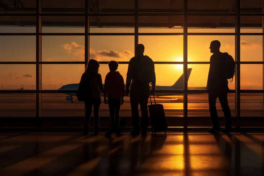 Silhouetted travelers at an airport terminal, gazing out at a golden sunset with a parked airplane