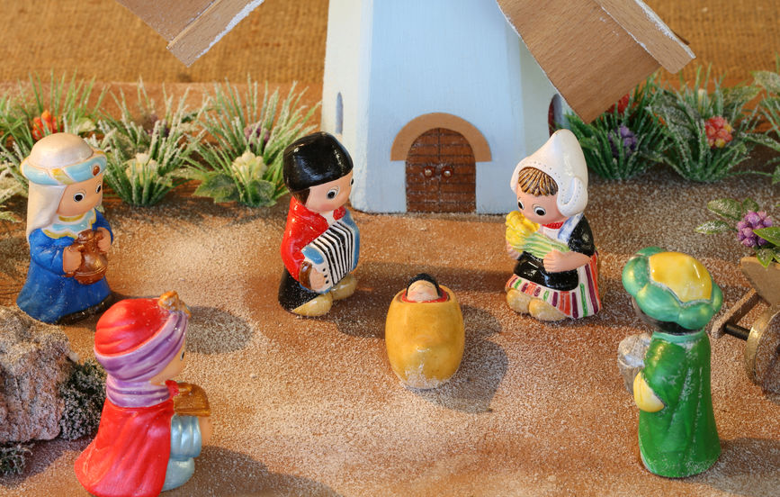 Dutch nativity scene with Holland windmill and the Three Kings