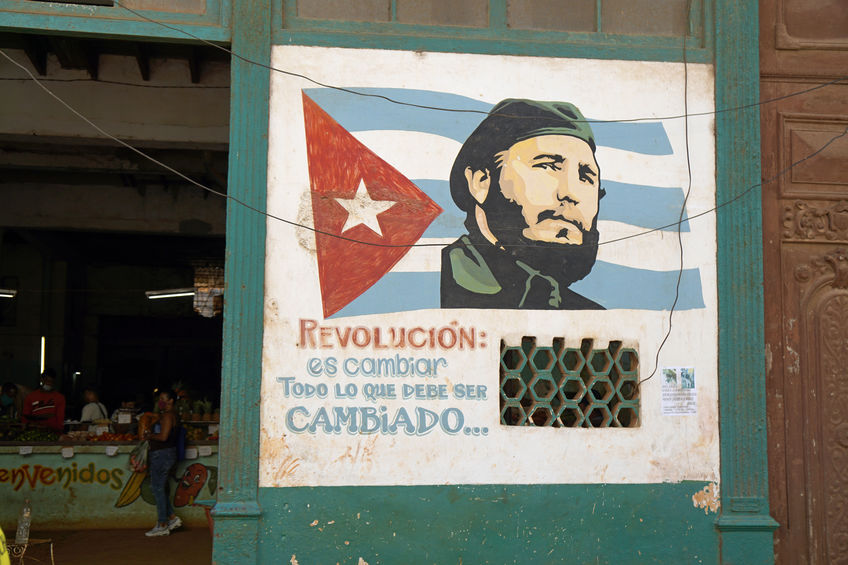 Havana, Cuba, circa May 2022: revolution painting on a wall in cuban colors