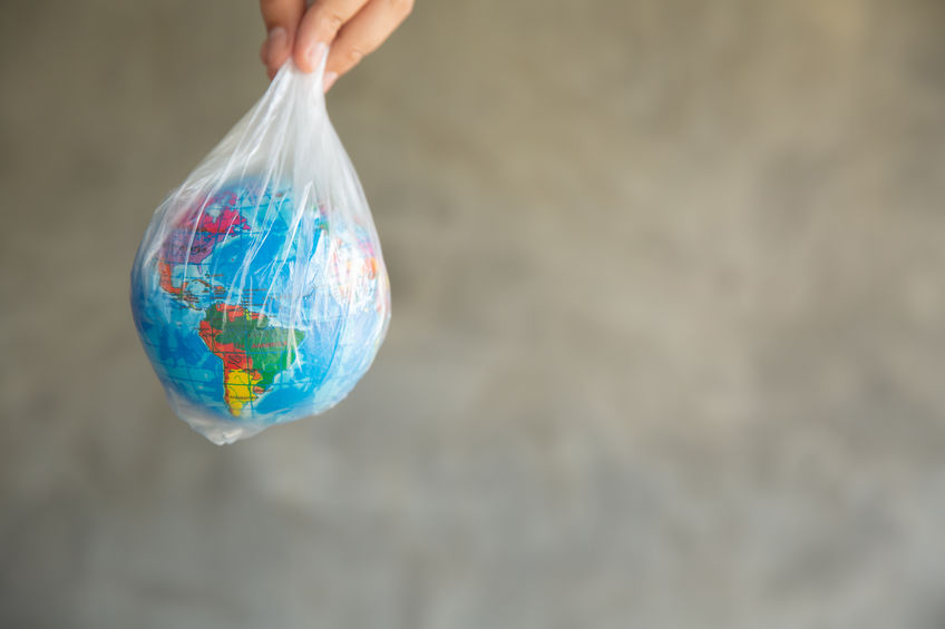 The girl's hand holds the earth in a plastic bag. In the blank f