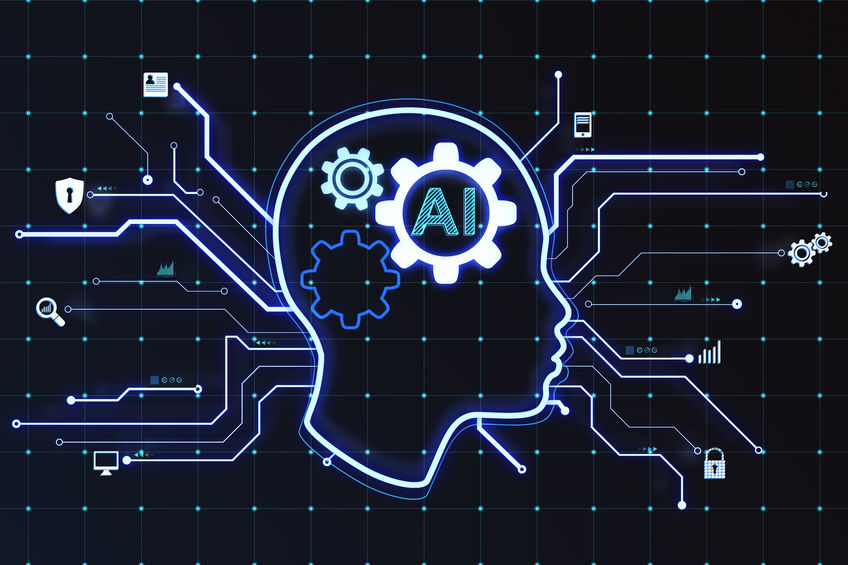 Glowing head outline on blurry dark grid background. AI and chart GPT concept. 3D Rendering.